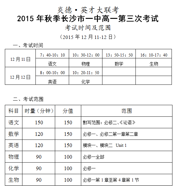 炎德英才大聯(lián)考2015年秋季長沙市一中高一第三次考試時間和范圍（2015.12.11-12）