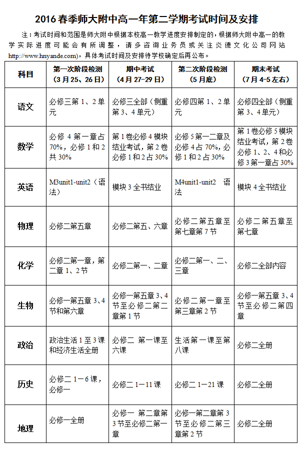 2016春季師大附中高一第二學期考試時間和安排