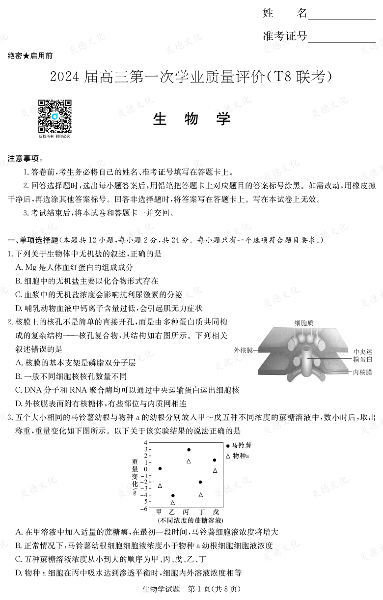 【生物】2024屆高三第一次學(xué)業(yè)質(zhì)量評(píng)價(jià)(T8聯(lián)考“附中5次”)