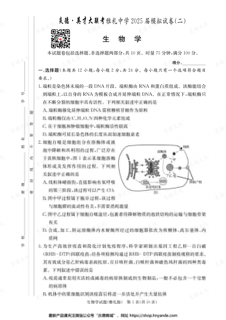 【生物】炎德英才大聯(lián)考2025屆雅禮中學高三10次月考（模擬二）